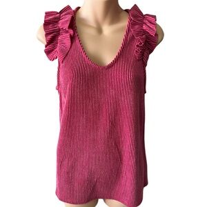 Blue Buttercup Short Sleeve Ruffled Ribbed Red Blouse